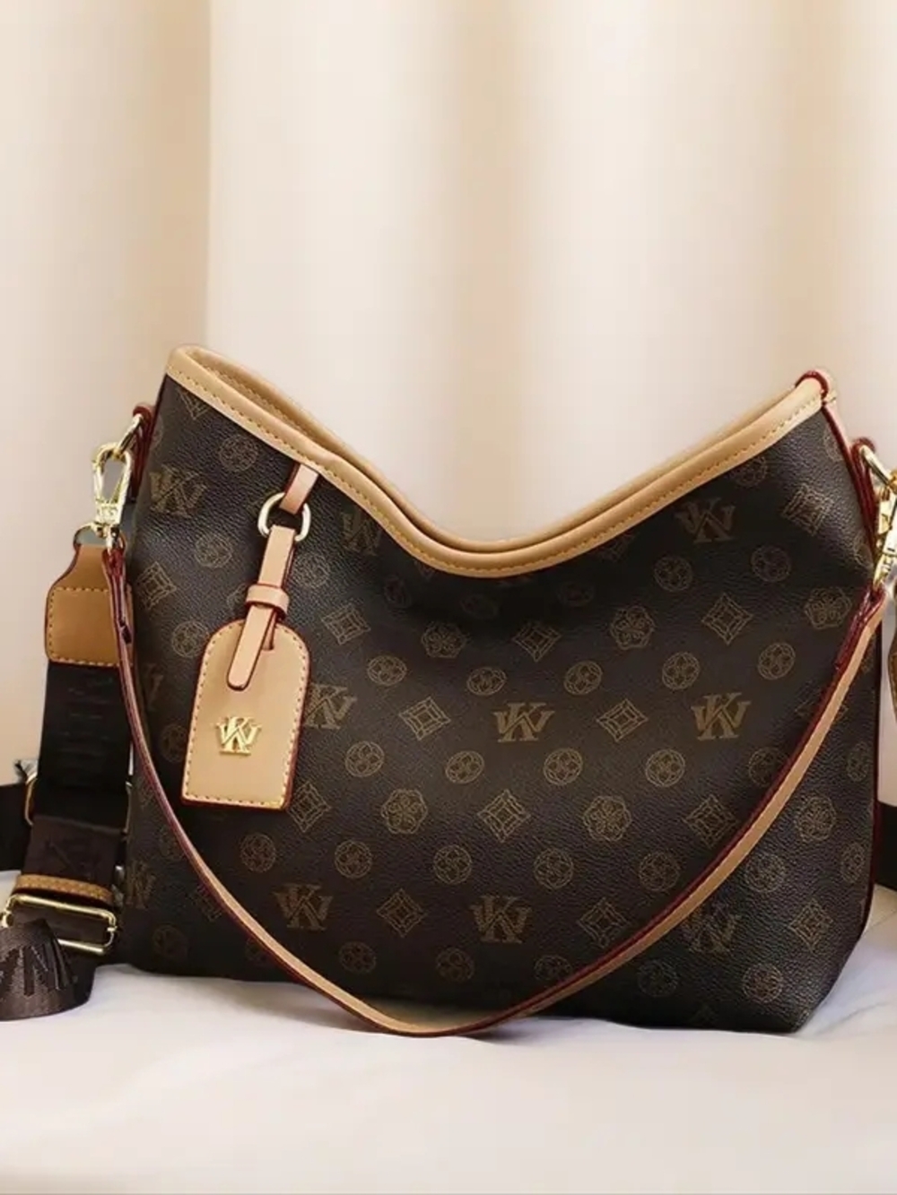 Women’s Monogram Hobo Shoulder Bag in Dark Brown and Tan Tik Tok Purse